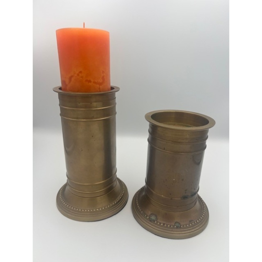 Vintage MCM Brass Pillar Candle Holders Set of 2 Beaded Base Tiered Design Heavy